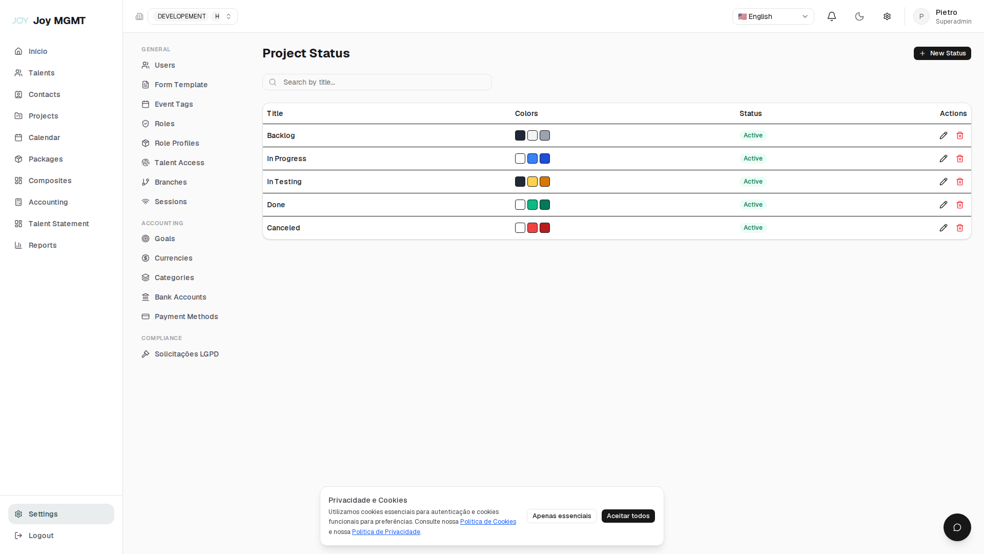 Status de Projetos