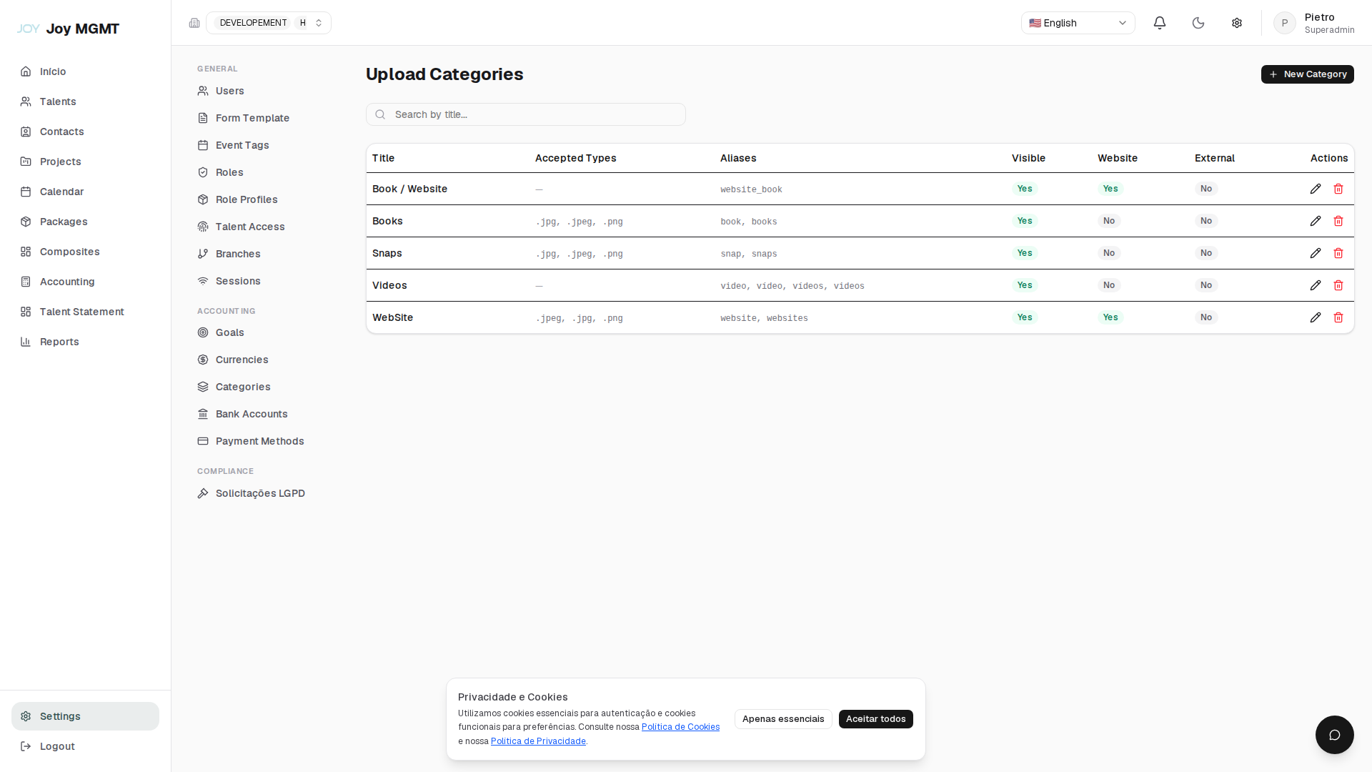 Categorias de Upload