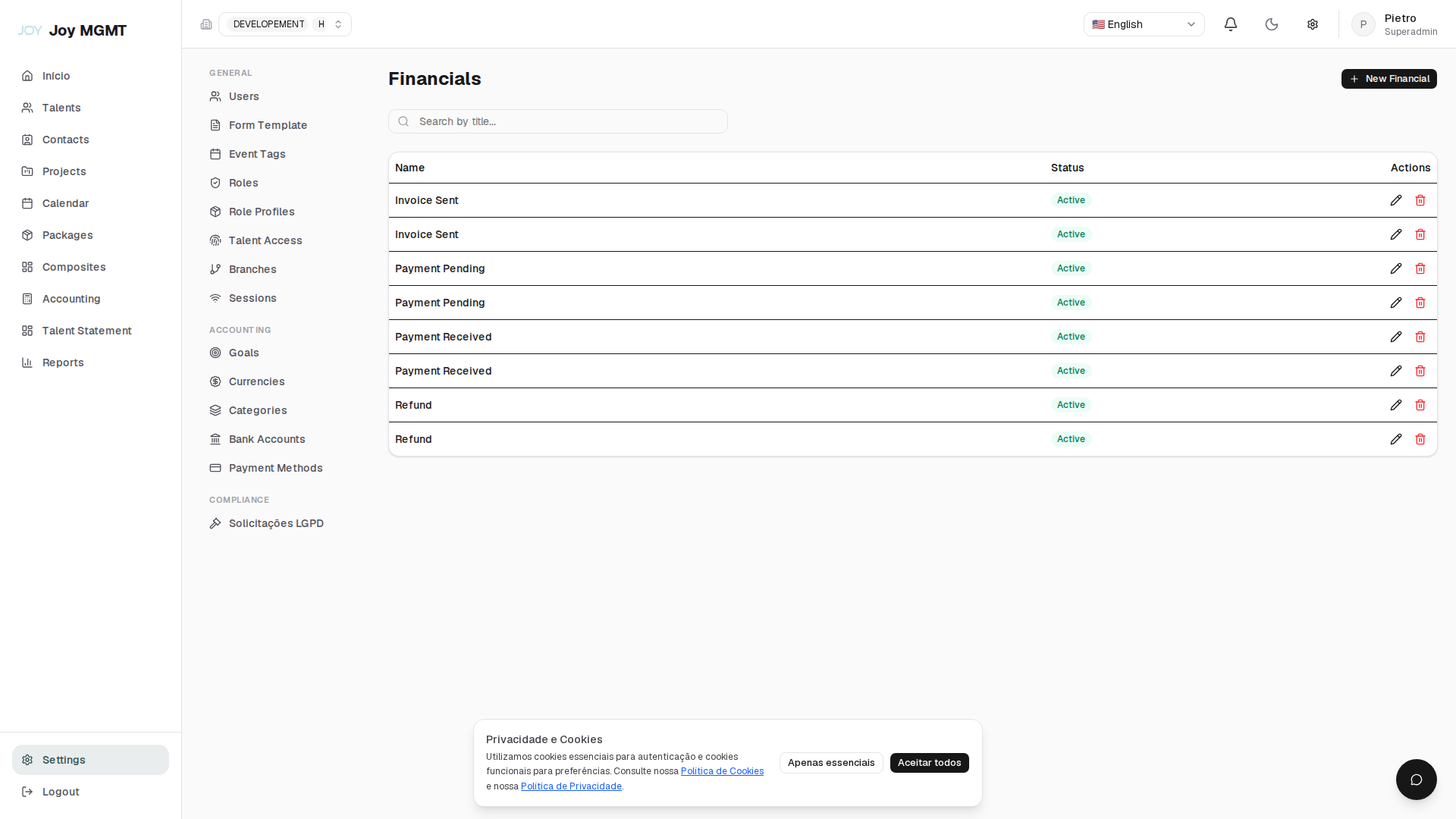 Configurações Financeiras